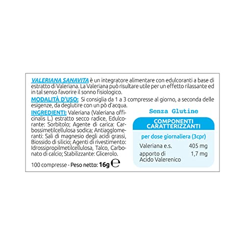 Sanavita Valeriana, Integratore alimentare con concentrato di Valeriana pura Made in Italy. Favorisce il rilassamento. Trattamento efficace 100 Compresse