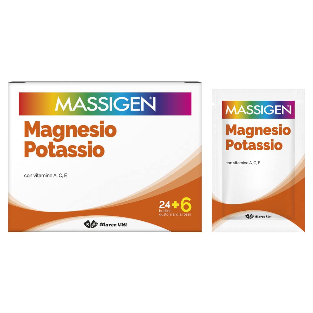 Massigen Magnesio E Potassio Integratore Multivitamine Gusto Arancia Rossa, 30 Bustine Da 6 Grammi