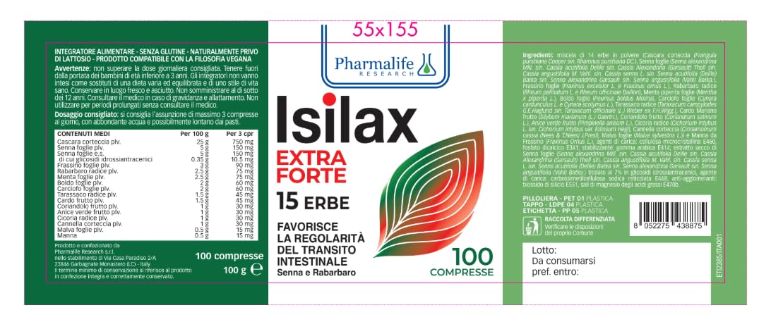 Pharmalife Isilax Extra Forte Integratore con 15 Erbe 100 Compresse - Favorisce la Regolarità del Transito Intestinale