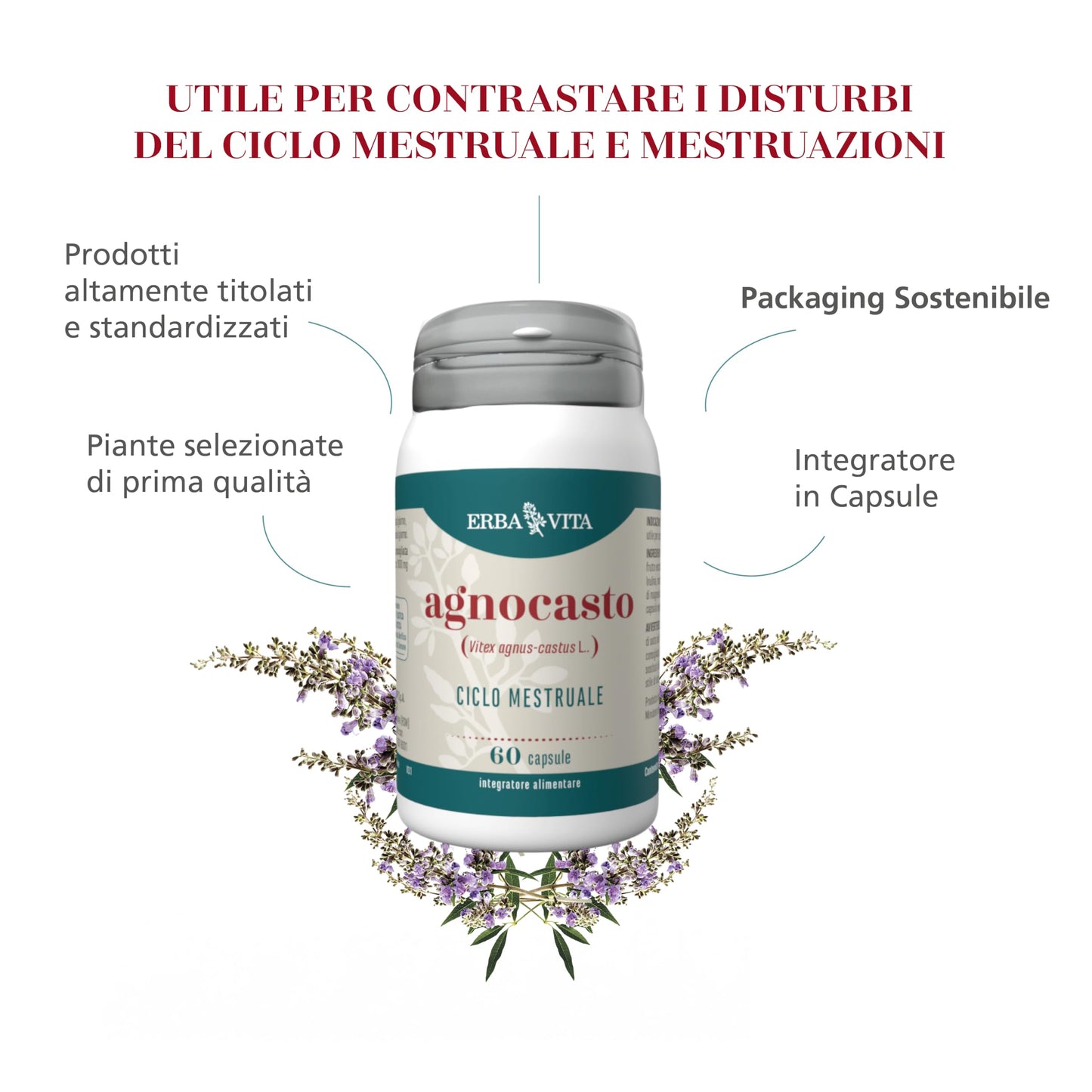 ERBA VITA Integratore Alimentare Agnocasto, 60 Capsule, utile per contrastare i Disturbi del Ciclo mestruale e Mestruazioni