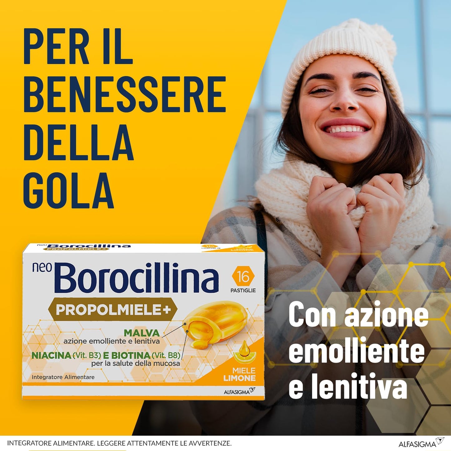 NEOBOROCILLINA Propolmielee, Integratore Alimentare per il benessere della Gola, 16 Pastiglie, Gusto Limone e Miele