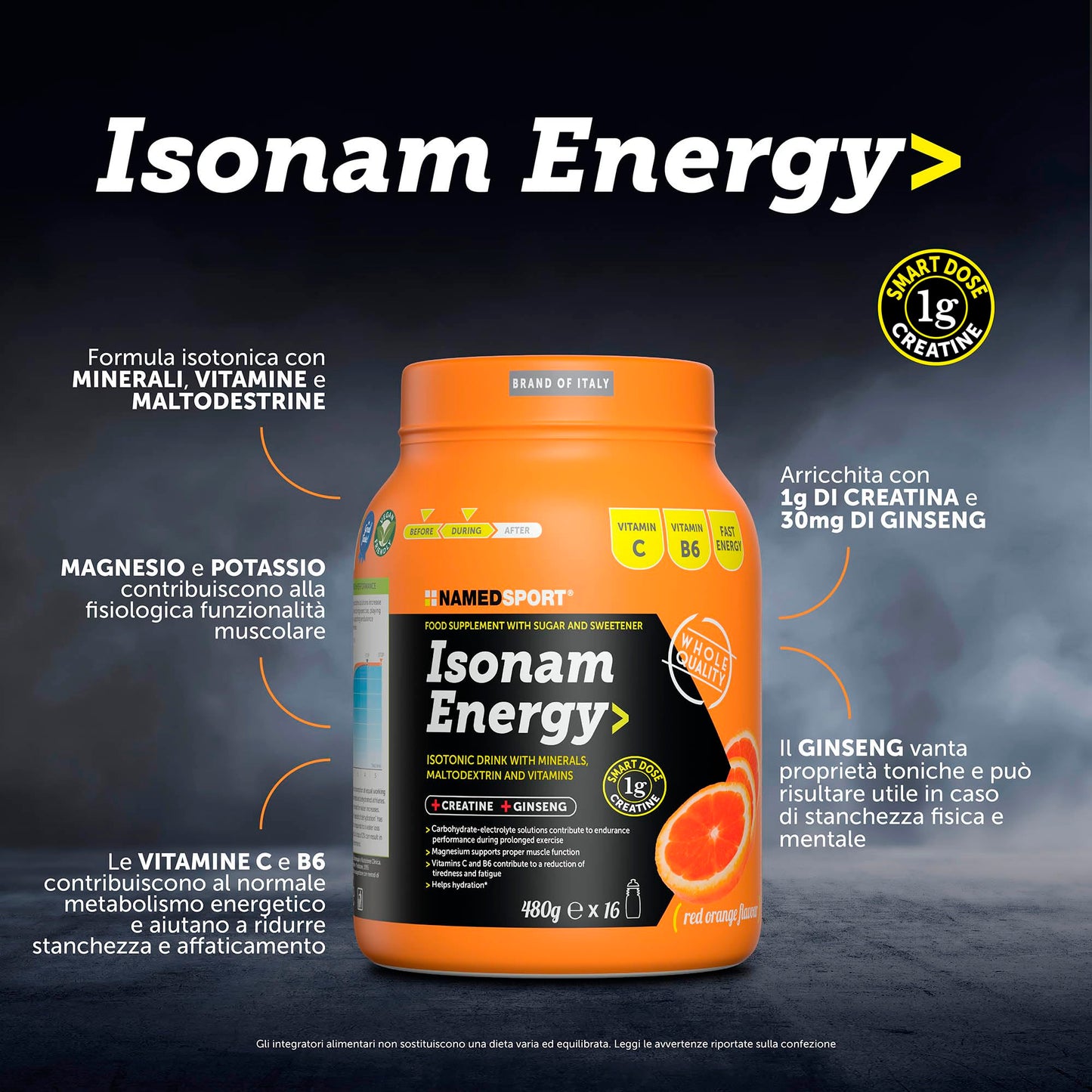 NAMEDSPORT Isonam Energy ORANGE - 480g, Aiuta ad integrare le perdite idrosaline, contribuisce al normale metabolismo energetico, 1 barattolo, contiene 1g di Creatina