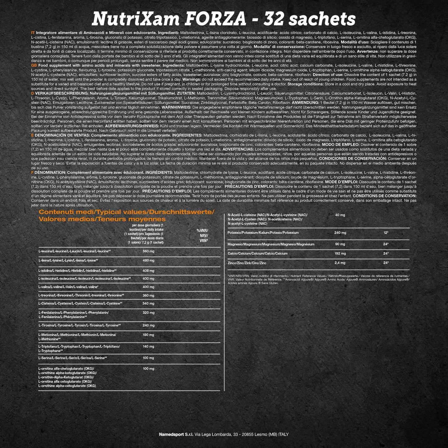 Nutriresearch Nutrixam Forza 32 Bustine Named Aminoacidi con Calcio, Magnesio e Zinco