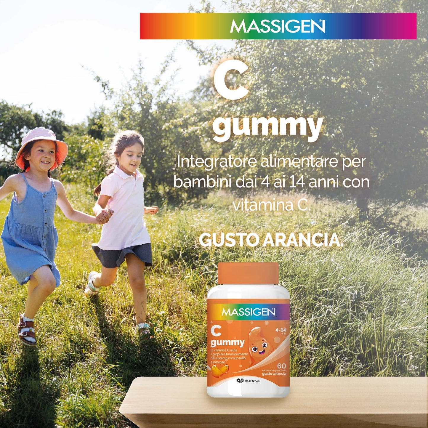 Massigen - C Gummy, 60 Caramelle da 3,3 g, Integratore Alimentare con Vitamina C, Vitamine Gommose per Bambini 4-14 Anni, Gusto Arancia, Ideale per Sistema Immunitario e Nervoso