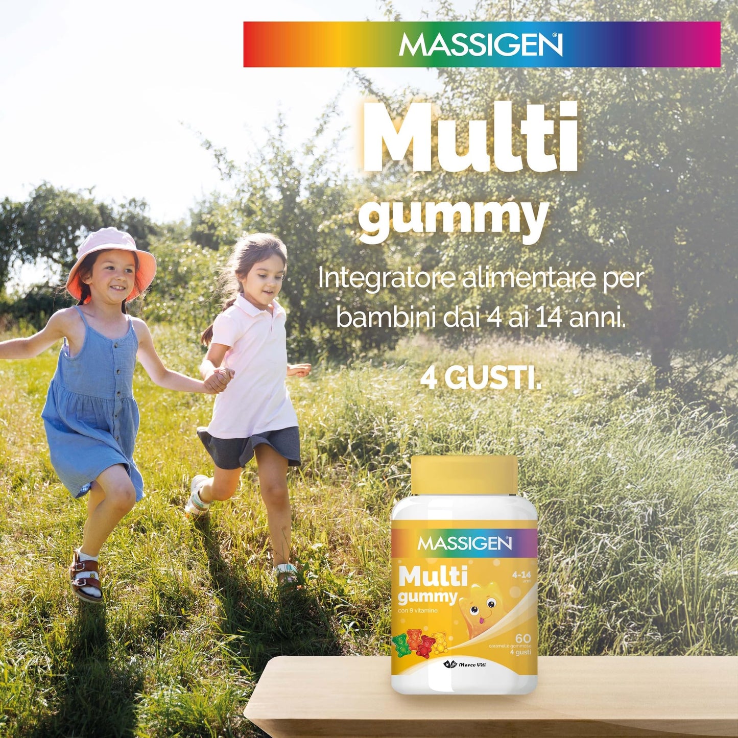 Massigen - Multi Gummy, Multivitaminico per Bambini 4-14 Anni, Vitamine Gommose con Vitamina A, C, E, D, B6, B12 e Acido Folico, 60 Caramelle, Quattro Gusti, Senza Glutine e Lattosio