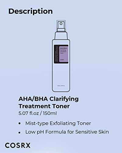 COSRX AHA/BHA Clarifying Treatment Toner | AHA/BHA Chiarificatore Trattamento Tonico spray esfoliante viso per punti bianchi, pori e pelle irregolare, 5.07 fl.oz / 150ml