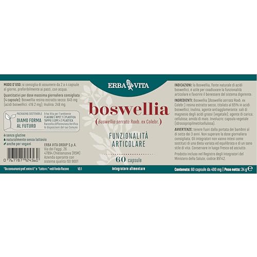 ERBA VITA Integratore Alimentare di Boswellia- 60 Capsule - Favorisce la funzionalità articolare e il benessere del sistrema digerente, 60 unità, 1