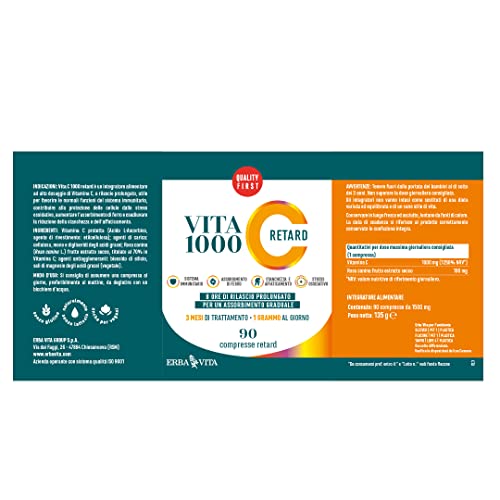 ERBA VITA VitaC 1000 Retard - 90 Compresse Vitamina C - Integratore alimentare a base di vitamina C a rilascio prolungato di 8 ore per un assorbimento graduale