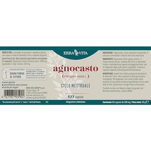 ERBA VITA Integratore Alimentare Agnocasto, 60 Capsule, utile per contrastare i Disturbi del Ciclo mestruale e Mestruazioni
