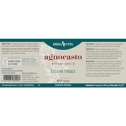 ERBA VITA Integratore Alimentare Agnocasto, 60 Capsule, utile per contrastare i Disturbi del Ciclo mestruale e Mestruazioni