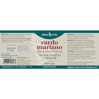 ERBA VITA Integratore Alimentare di Cardo Mariano, 60 Capsule - Utile alla depurazione e detossificazione del fegato, 60 unità, 1