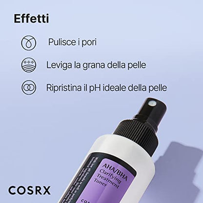 COSRX AHA/BHA Clarifying Treatment Toner | AHA/BHA Chiarificatore Trattamento Tonico spray esfoliante viso per punti bianchi, pori e pelle irregolare, 5.07 fl.oz / 150ml