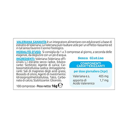 Sanavita Valeriana, Integratore alimentare con concentrato di Valeriana pura Made in Italy. Favorisce il rilassamento. Trattamento efficace 100 Compresse