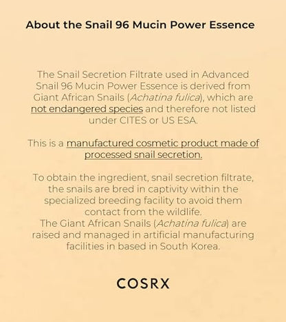 COSRX Essenza di bava di lumaca 96 100ml, 96,3% di filtro di secrezione di lumaca, ringiovanisce la pelle da secchezza e invecchiamento, assorbe rapidamente nella pelle, Ipoallergenico