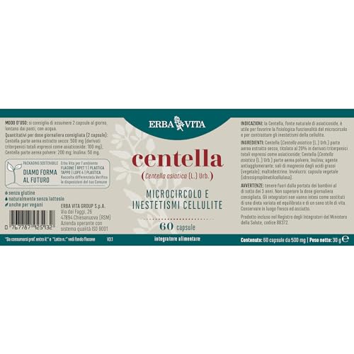 ERBA VITA Integratore Alimentare di Centella - 60 Capsule - Favorisce il microcircolo e contrasta gli inestetismi della cellulite