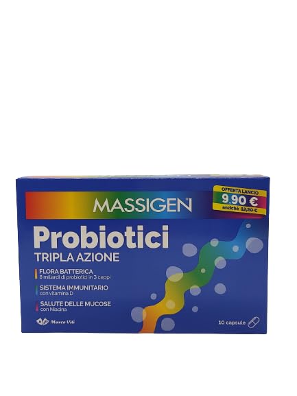 Massigen Probiotici Tripla Azione Integratore di Fermenti Lattici, 10 Capsule