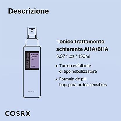 COSRX AHA/BHA Clarifying Treatment Toner | AHA/BHA Chiarificatore Trattamento Tonico spray esfoliante viso per punti bianchi, pori e pelle irregolare, 5.07 fl.oz / 150ml