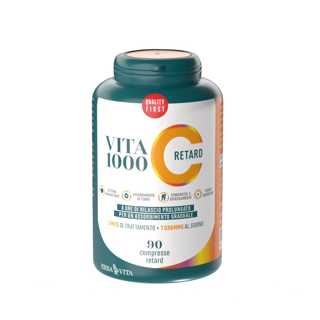 ERBA VITA VitaC 1000 Retard - 90 Compresse Vitamina C - Integratore alimentare a base di vitamina C a rilascio prolungato di 8 ore per un assorbimento graduale