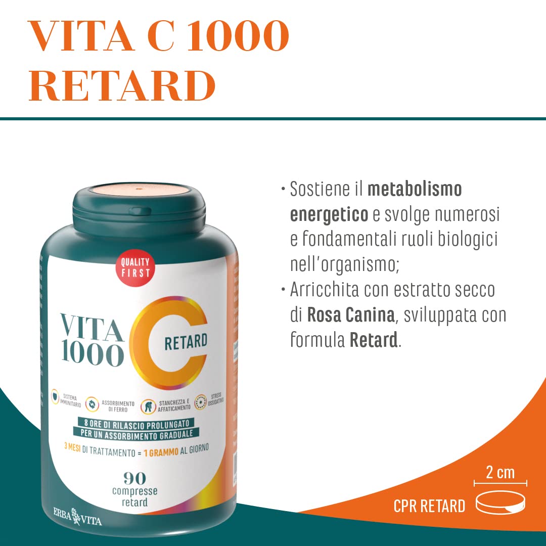 ERBA VITA VitaC 1000 Retard - 90 Compresse Vitamina C - Integratore alimentare a base di vitamina C a rilascio prolungato di 8 ore per un assorbimento graduale