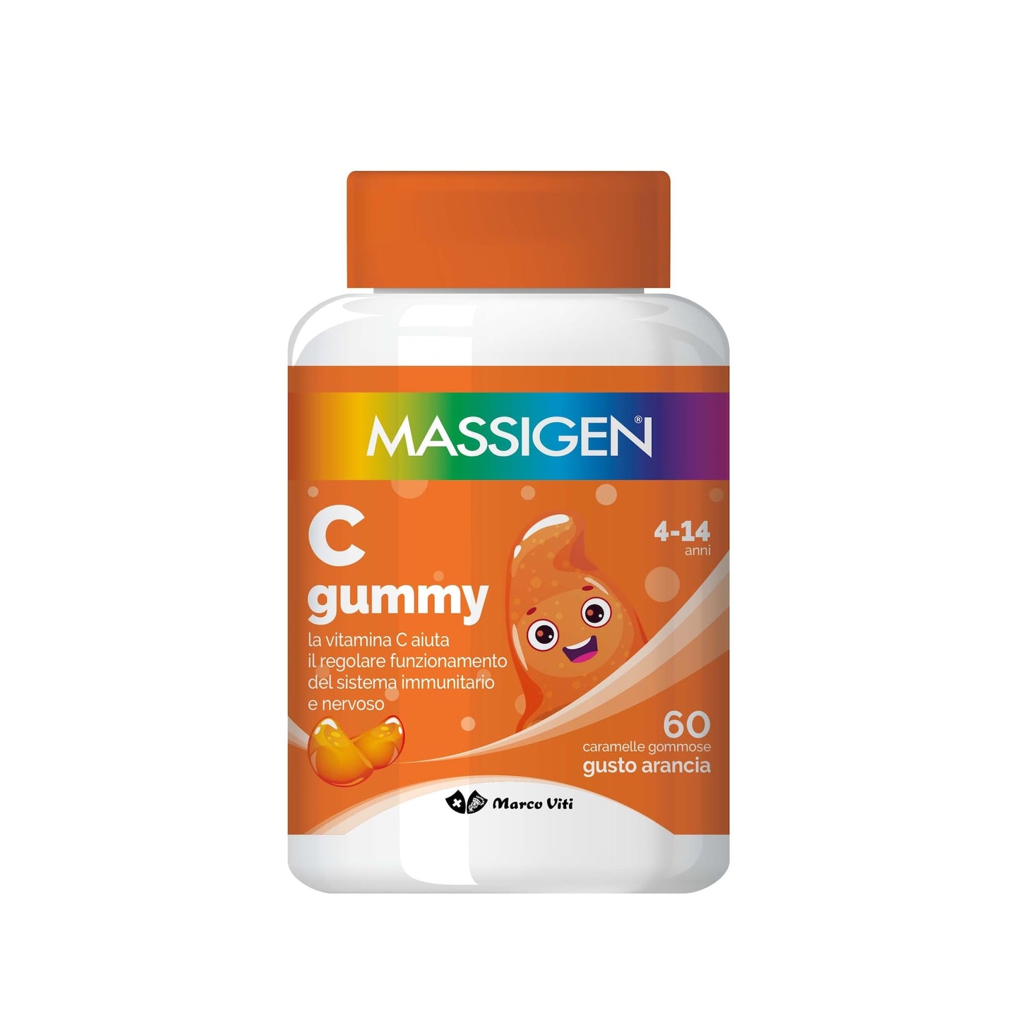 Massigen - C Gummy, 60 Caramelle da 3,3 g, Integratore Alimentare con Vitamina C, Vitamine Gommose per Bambini 4-14 Anni, Gusto Arancia, Ideale per Sistema Immunitario e Nervoso