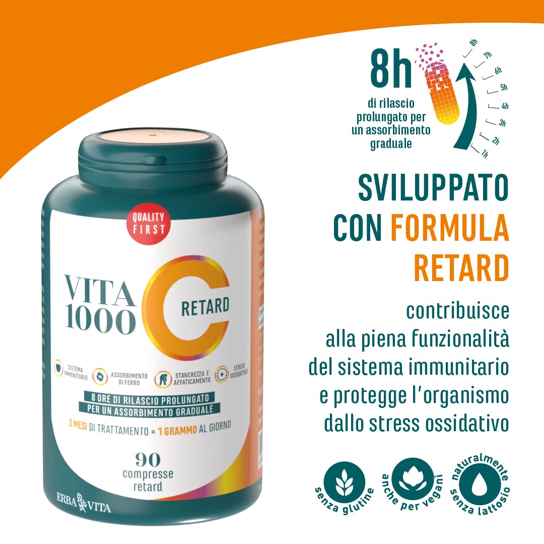 ERBA VITA VitaC 1000 Retard - 90 Compresse Vitamina C - Integratore alimentare a base di vitamina C a rilascio prolungato di 8 ore per un assorbimento graduale