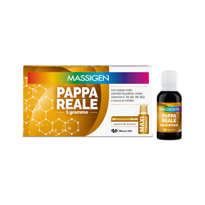 Massigen - Pappa Reale Tonico Naturale, Integratore Energetico, Azione Ricostituente e Antiossidante, con Miele e Pappa Reale, 10 Flaconcini da 25 ml