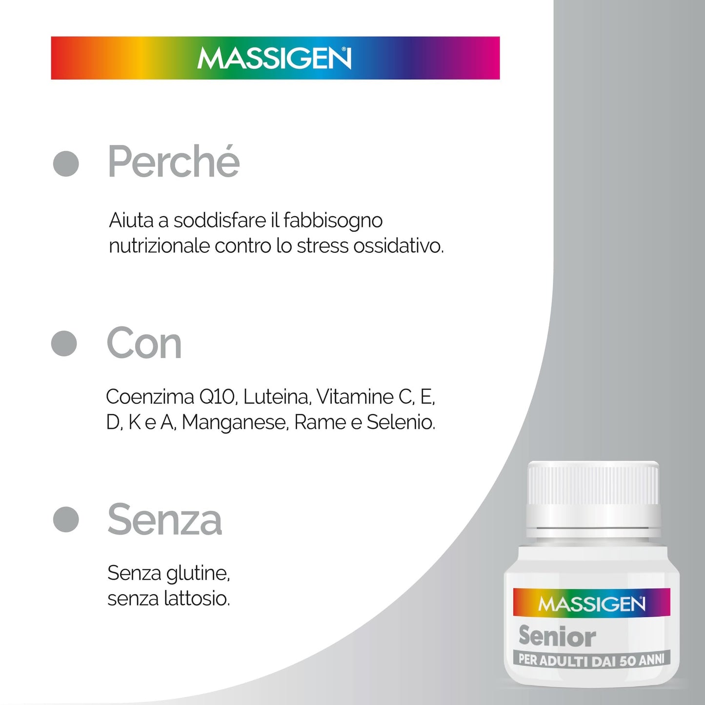 Massigen - Senior, Integratore Multivitaminico e Multiminerale per Over 50, Soddisfa il Fabbisogno Nutrizionale, con Coenzima Q10 e Luteina, 30 Compresse