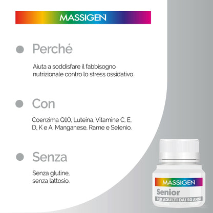 Massigen - Senior, Integratore Multivitaminico e Multiminerale per Over 50, Soddisfa il Fabbisogno Nutrizionale, con Coenzima Q10 e Luteina, 30 Compresse