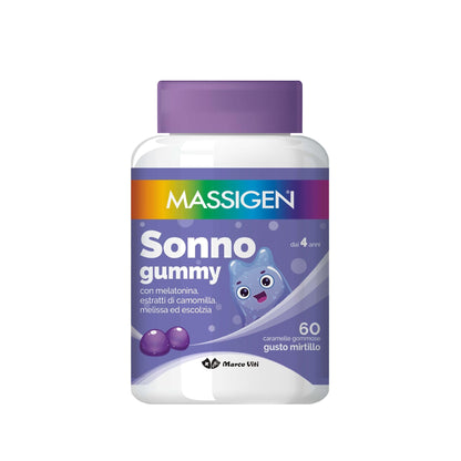 Massigen - Sonno Gummy, Integratore Alimentare con Melatonina e Estratti Naturali, Vitamine Gommose, Gusto Mirtillo, 60 Caramelle da 3,3 g, Per Rilassamento e Sonno