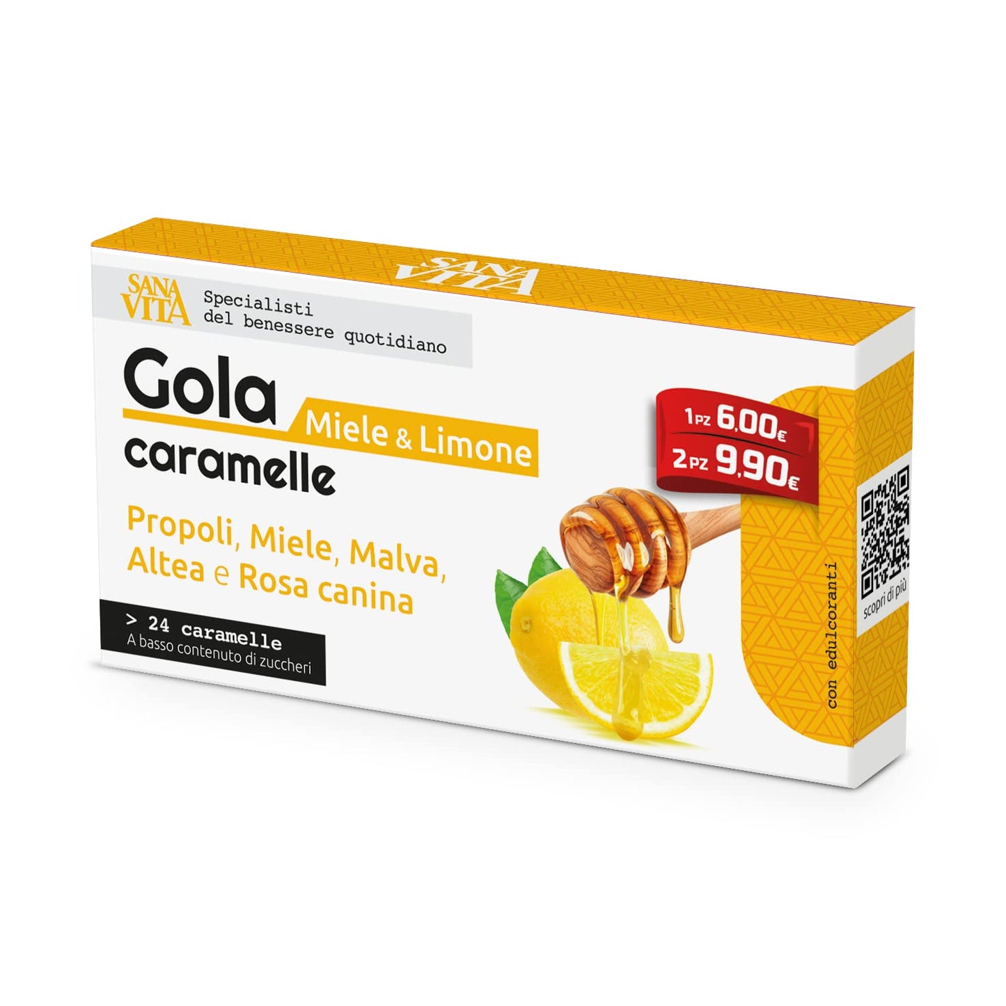 Sanavita Gola Limone Miele Caramelle con Propoli, Malva, Altea e Rosa Canina - 24 caramelle per confezione