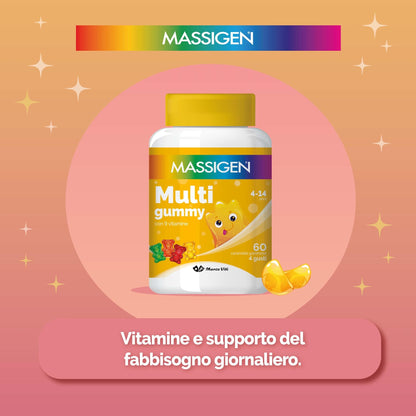 Massigen - Multi Gummy, Multivitaminico per Bambini 4-14 Anni, Vitamine Gommose con Vitamina A, C, E, D, B6, B12 e Acido Folico, 60 Caramelle, Quattro Gusti, Senza Glutine e Lattosio