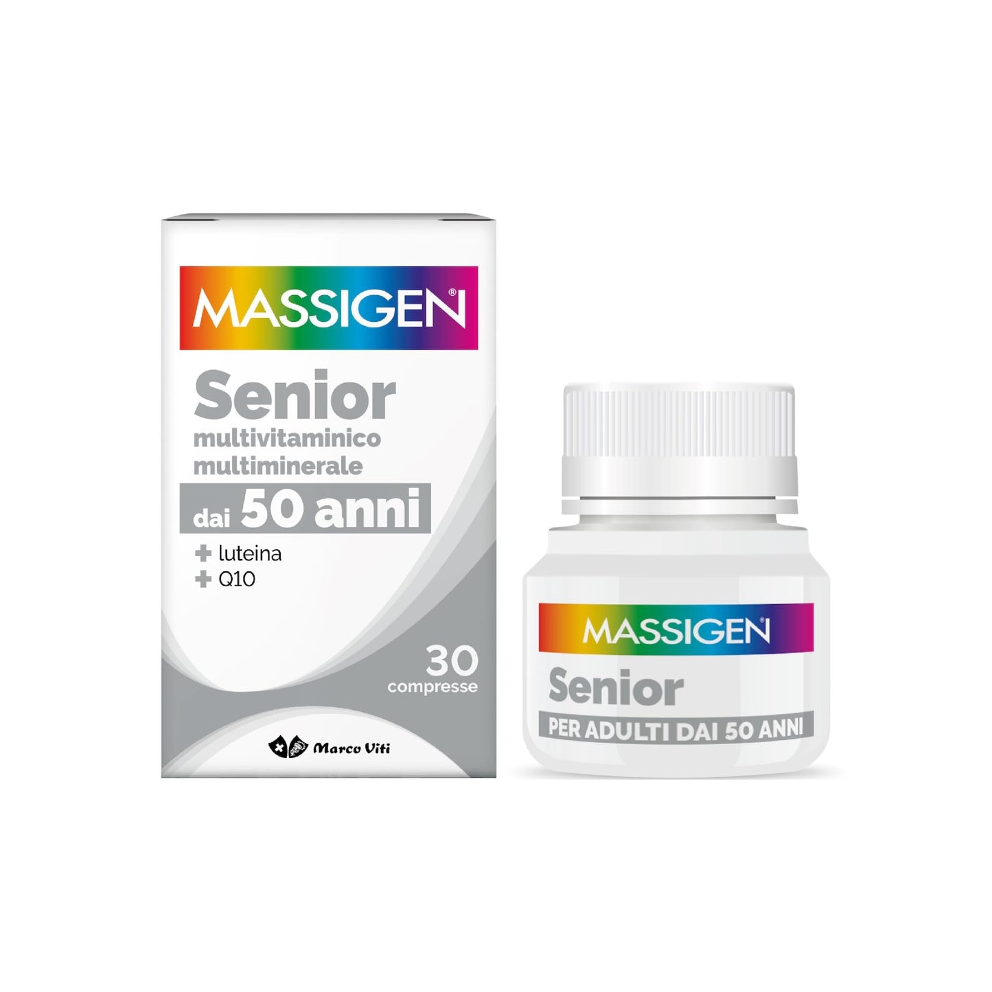 Massigen - Senior, Integratore Multivitaminico e Multiminerale per Over 50, Soddisfa il Fabbisogno Nutrizionale, con Coenzima Q10 e Luteina, 30 Compresse