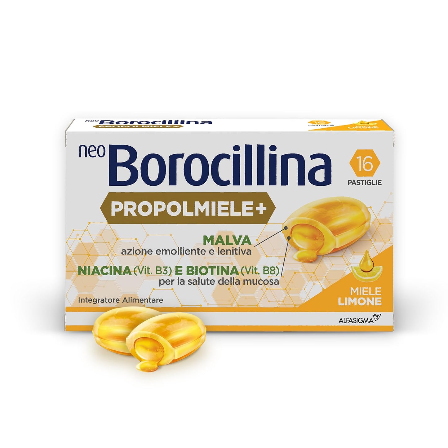 NEOBOROCILLINA Propolmielee, Integratore Alimentare per il benessere della Gola, 16 Pastiglie, Gusto Limone e Miele