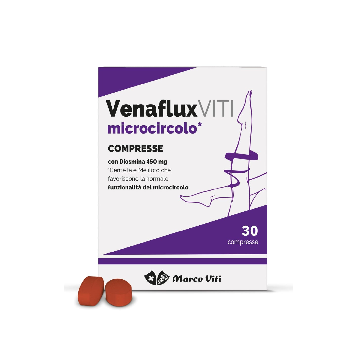 Venaflux Viti - Compresse, Integratore per la Circolazione, con Diosmina, Allevia i Fastidi Circolatori, Ippocastano e Centella, 30 Compresse da 80 mg