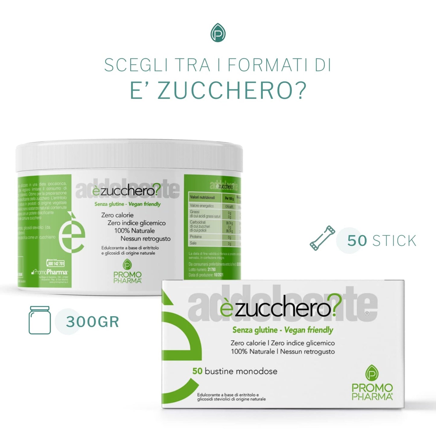 PromoPharma èZucchero? - Dolcificante - Eritritolo, Sostituto Naturale dello Zucchero - 50 stick pack da 3 g