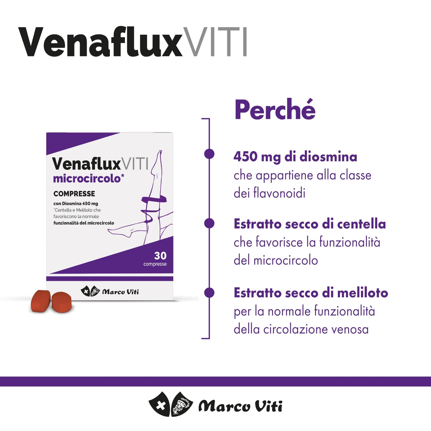Venaflux Viti - Compresse, Integratore per la Circolazione, con Diosmina, Allevia i Fastidi Circolatori, Ippocastano e Centella, 30 Compresse da 80 mg