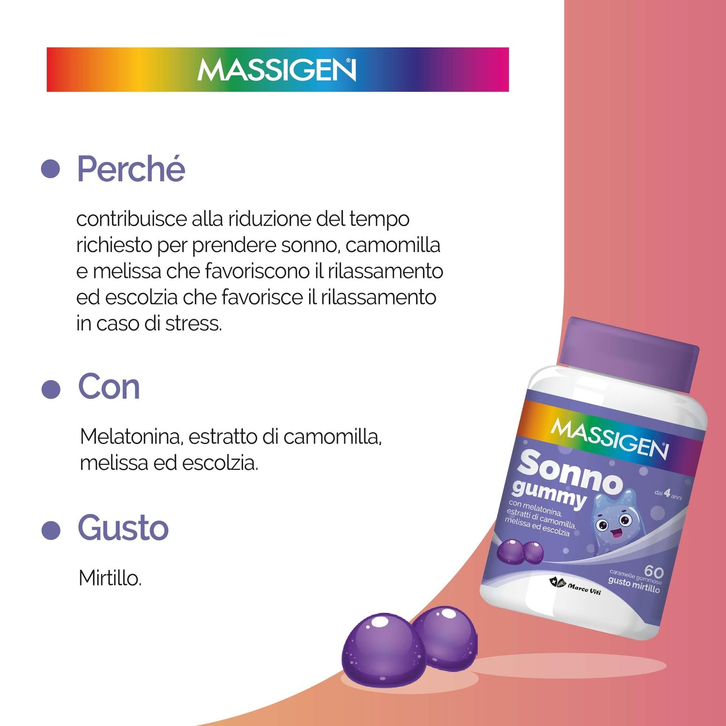 Massigen - Sonno Gummy, Integratore Alimentare con Melatonina e Estratti Naturali, Vitamine Gommose, Gusto Mirtillo, 60 Caramelle da 3,3 g, Per Rilassamento e Sonno