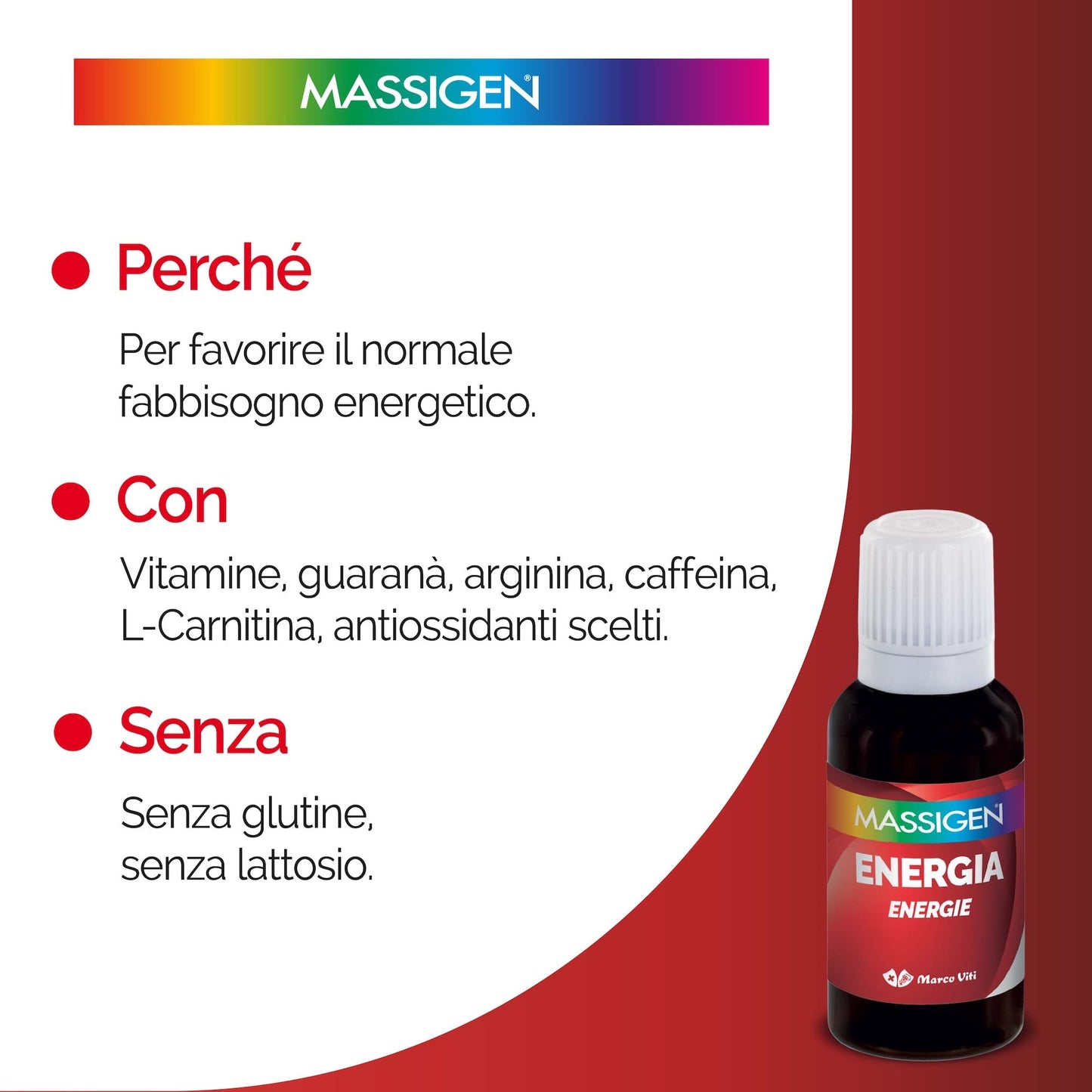 Massigen - Tonico Energia, Integratore Energetico con Ginseng e Guaranà, Combatte la Stanchezza, 10 Flaconcini da 25 ml, Senza Glutine