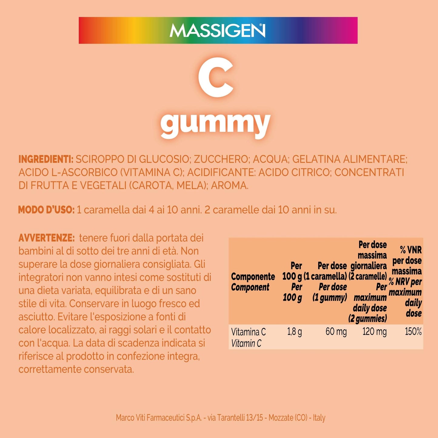 Massigen - C Gummy, 60 Caramelle da 3,3 g, Integratore Alimentare con Vitamina C, Vitamine Gommose per Bambini 4-14 Anni, Gusto Arancia, Ideale per Sistema Immunitario e Nervoso