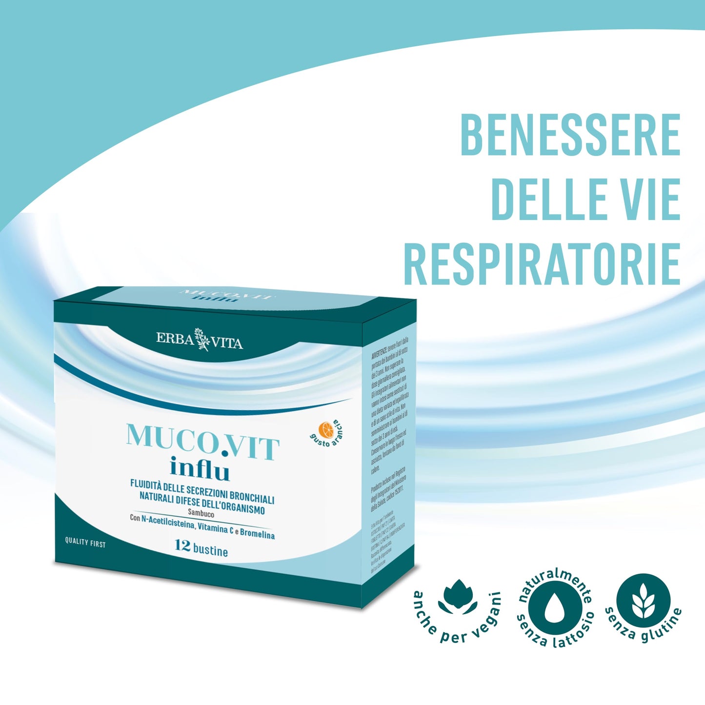 ERBA VITA Muco.vit Influ integratore alimentare in pratiche bustine solubili a base di N-Acetilcisteina e Bromelina da Ananas, specialmente indicato nel periodo invernale - 12 bustine