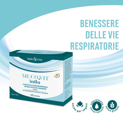 ERBA VITA Muco.vit Influ integratore alimentare in pratiche bustine solubili a base di N-Acetilcisteina e Bromelina da Ananas, specialmente indicato nel periodo invernale - 12 bustine