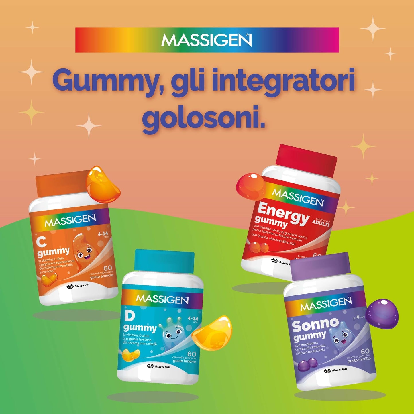 Massigen - Multi Gummy, Multivitaminico per Bambini 4-14 Anni, Vitamine Gommose con Vitamina A, C, E, D, B6, B12 e Acido Folico, 60 Caramelle, Quattro Gusti, Senza Glutine e Lattosio