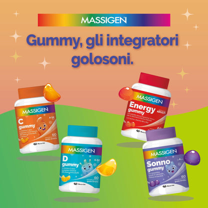 Massigen - Multi Gummy, Multivitaminico per Bambini 4-14 Anni, Vitamine Gommose con Vitamina A, C, E, D, B6, B12 e Acido Folico, 60 Caramelle, Quattro Gusti, Senza Glutine e Lattosio