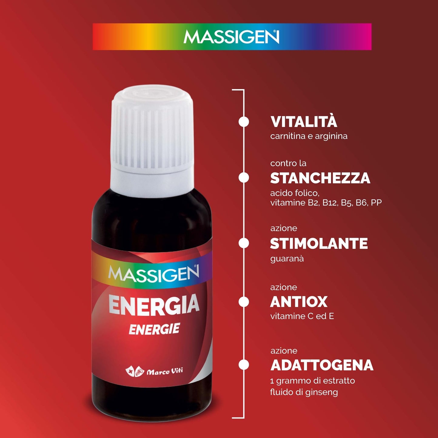 Massigen - Tonico Energia, Integratore Energetico con Ginseng e Guaranà, Combatte la Stanchezza, 10 Flaconcini da 25 ml, Senza Glutine