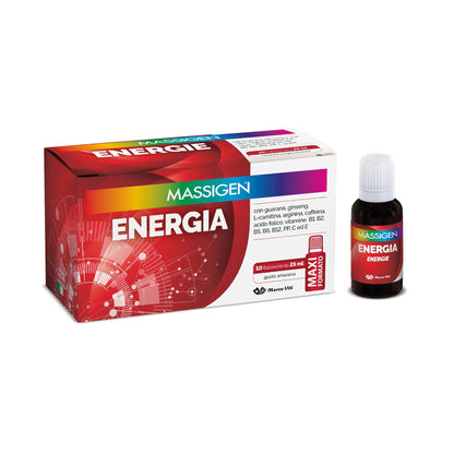 Massigen - Tonico Energia, Integratore Energetico con Ginseng e Guaranà, Combatte la Stanchezza, 10 Flaconcini da 25 ml, Senza Glutine