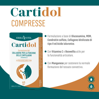 ERBA VITA Cartidol 45 Compresse integratore alimentare a base di Glucosamina, MSM, Condroitin solfato, Collagene idrolizzato di tipo II e Acido ialuronico