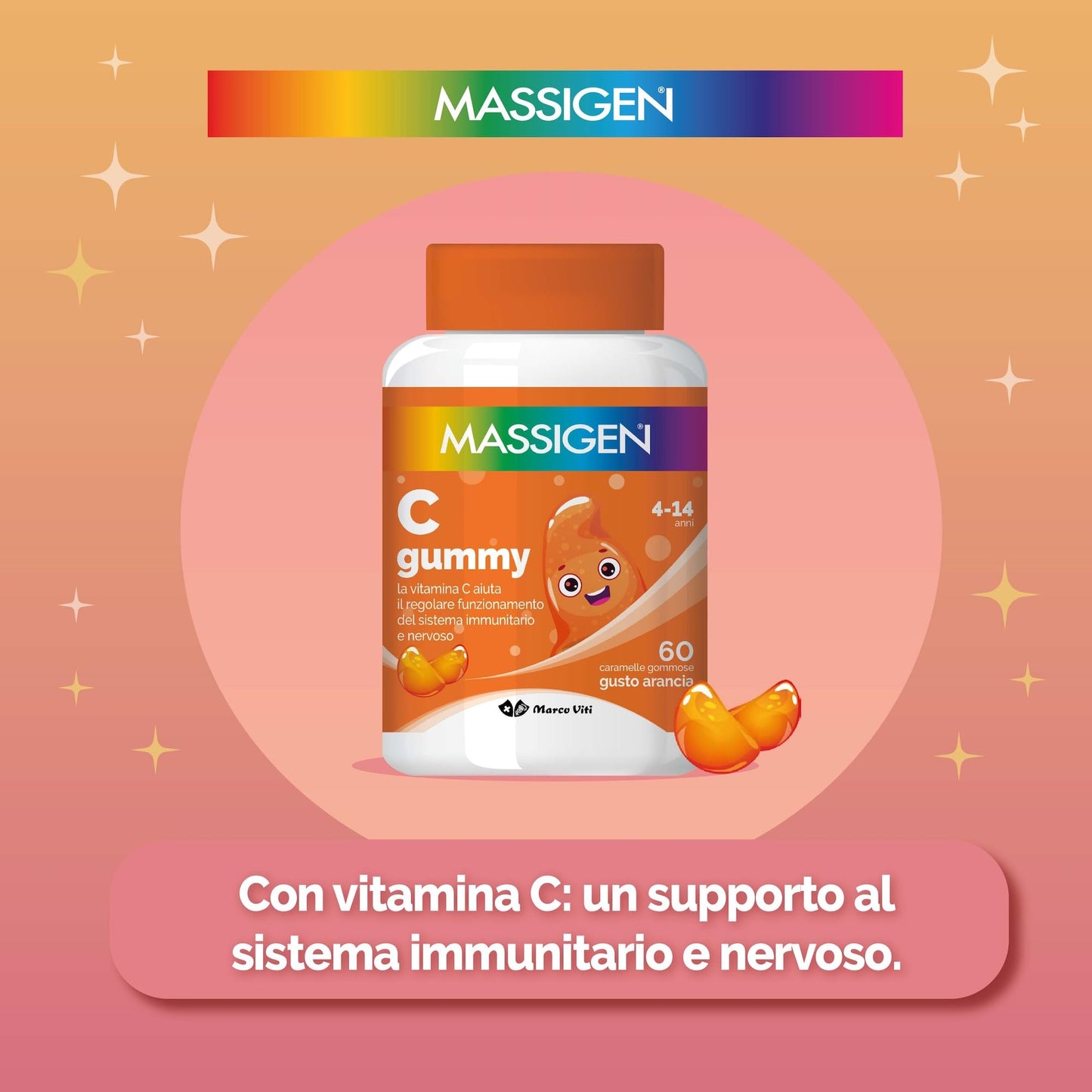 Massigen - C Gummy, 60 Caramelle da 3,3 g, Integratore Alimentare con Vitamina C, Vitamine Gommose per Bambini 4-14 Anni, Gusto Arancia, Ideale per Sistema Immunitario e Nervoso