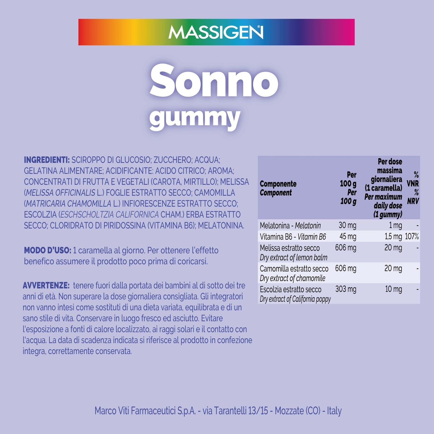 Massigen - Sonno Gummy, Integratore Alimentare con Melatonina e Estratti Naturali, Vitamine Gommose, Gusto Mirtillo, 60 Caramelle da 3,3 g, Per Rilassamento e Sonno