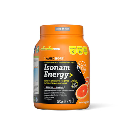 NAMEDSPORT Isonam Energy ORANGE - 480g, Aiuta ad integrare le perdite idrosaline, contribuisce al normale metabolismo energetico, 1 barattolo, contiene 1g di Creatina