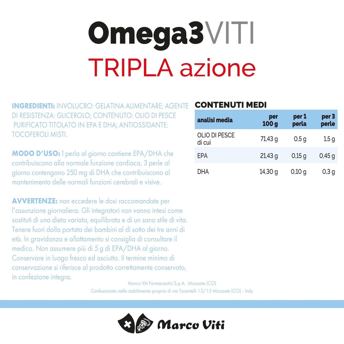 Omega3 Viti Tripla Azione, Integratore ad Alta Concentrazione di Omega-3 per Cuore, Cervello e Vista, Assunzione Giornaliera, 60 Capsule da 700 mg